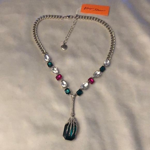 Betsey Johnson Silver Tone Skeleton Hand Y Drop Pendant Necklace Crystal NWT - Picture 8 of 16